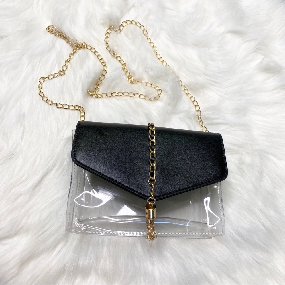 TWO TONE CLEAR/BLACK TASSEL CLUTCH/CROSSBODY